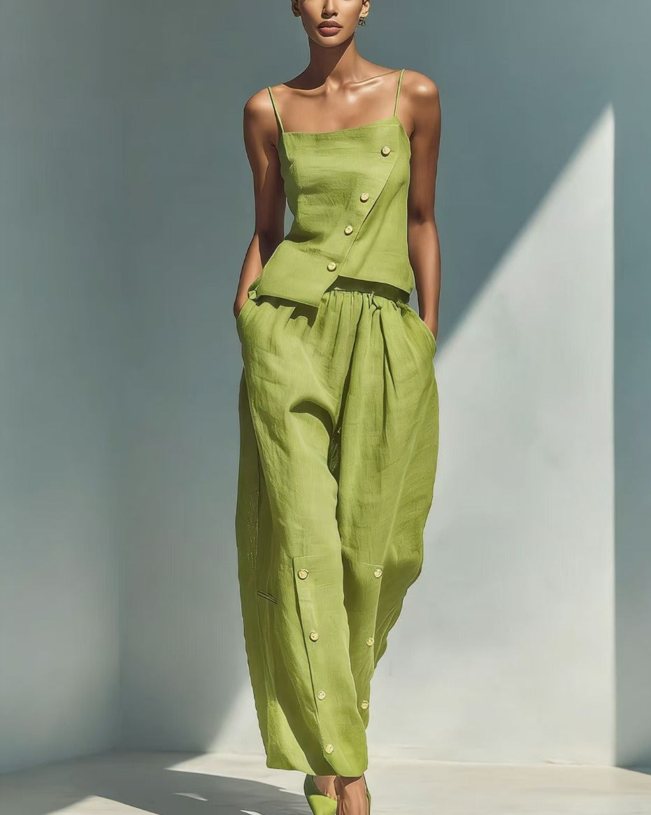 Chic Asymmetric Camisole & Button-Detailed Wide Leg Pants 2-Piece Linen Blend Lounge Set