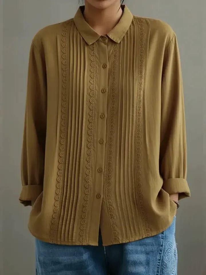 Vintage Pleated Lace Trim Cotton Linen Long Sleeve Blouse