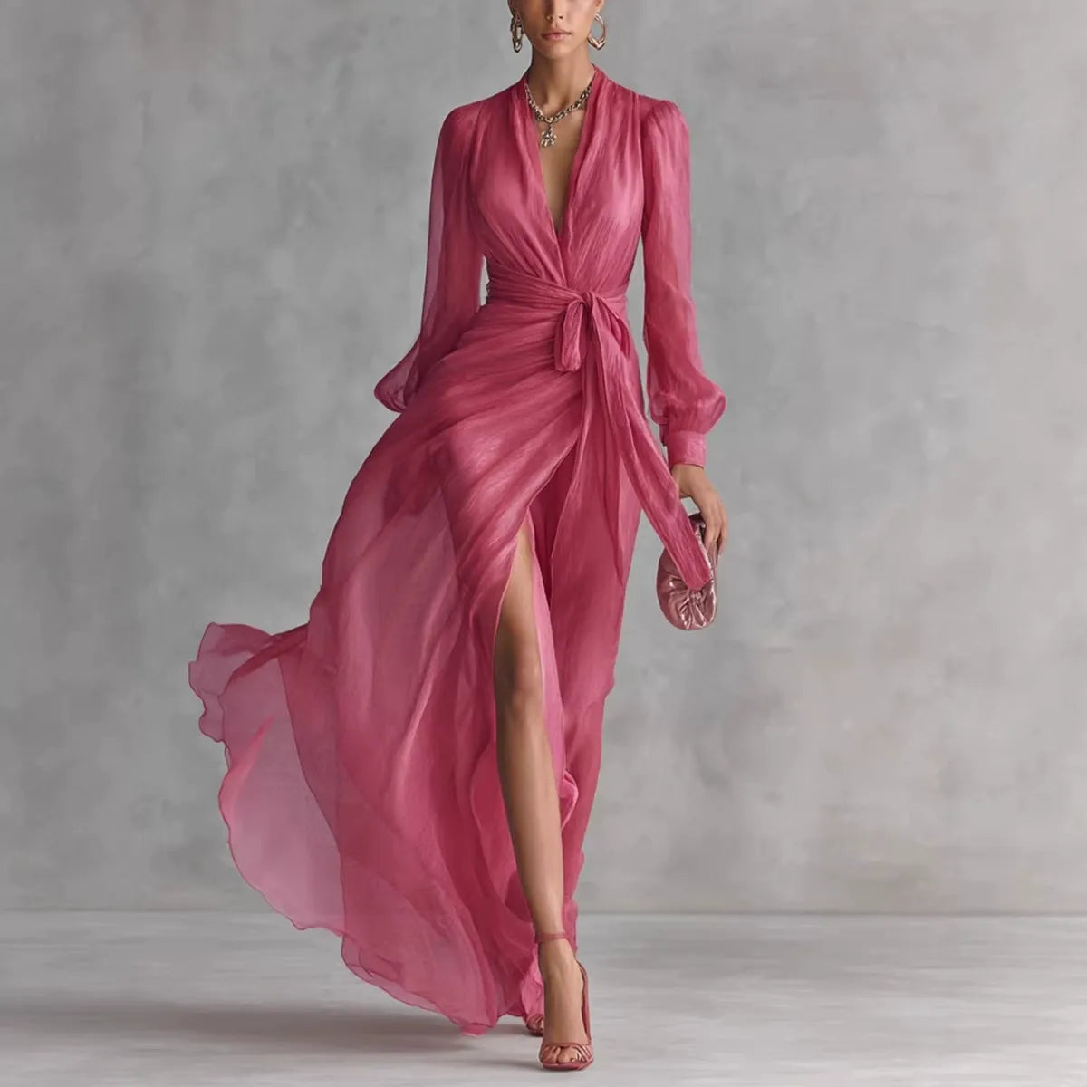 Women's Shimmer Chiffon Maxi Dress - Elegant V-Neck High Split Long Gown