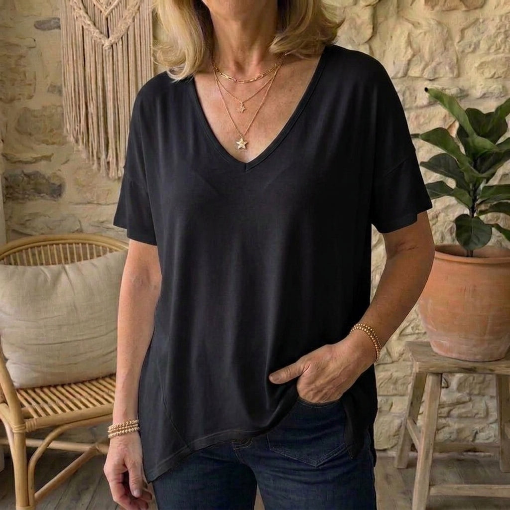Women's Oversized Modal T-Shirt - Loose Deep V-Neck Tunic Tee
