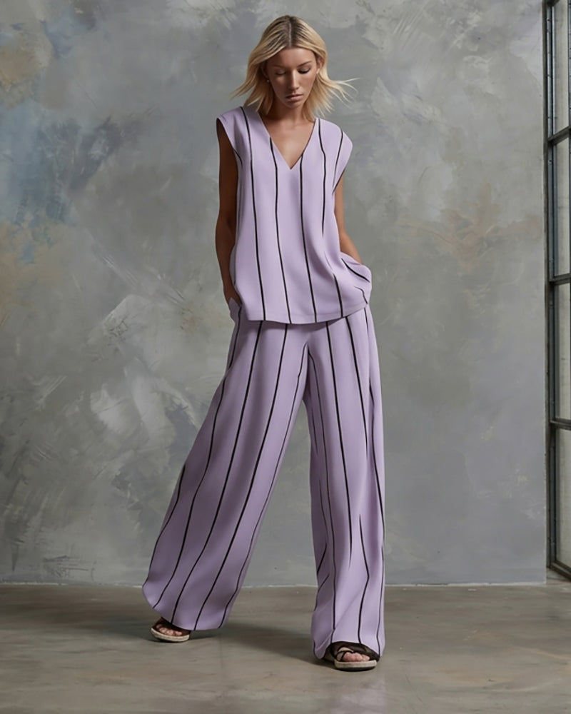 Women's Vertical Striped Linen 2-Piece Set | Casual V-Neck Sleeveless Top & Wide Leg Pants Suit