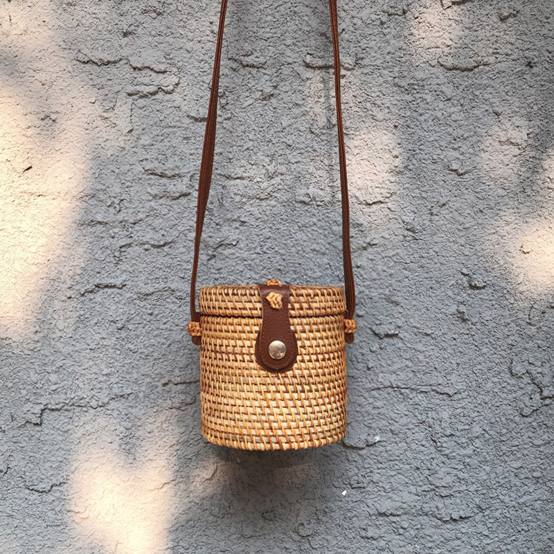 Handmade Round Rattan Crossbody Bag - Vintage Woven Straw Beach & Travel Shoulder Purse