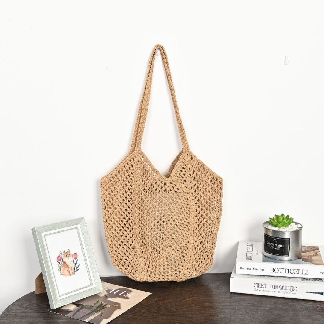 Bohemian Crochet Hollow-Out Straw Beach Tote Bag - Vintage Woven Mesh Shoulder Purse with Inner Pouch