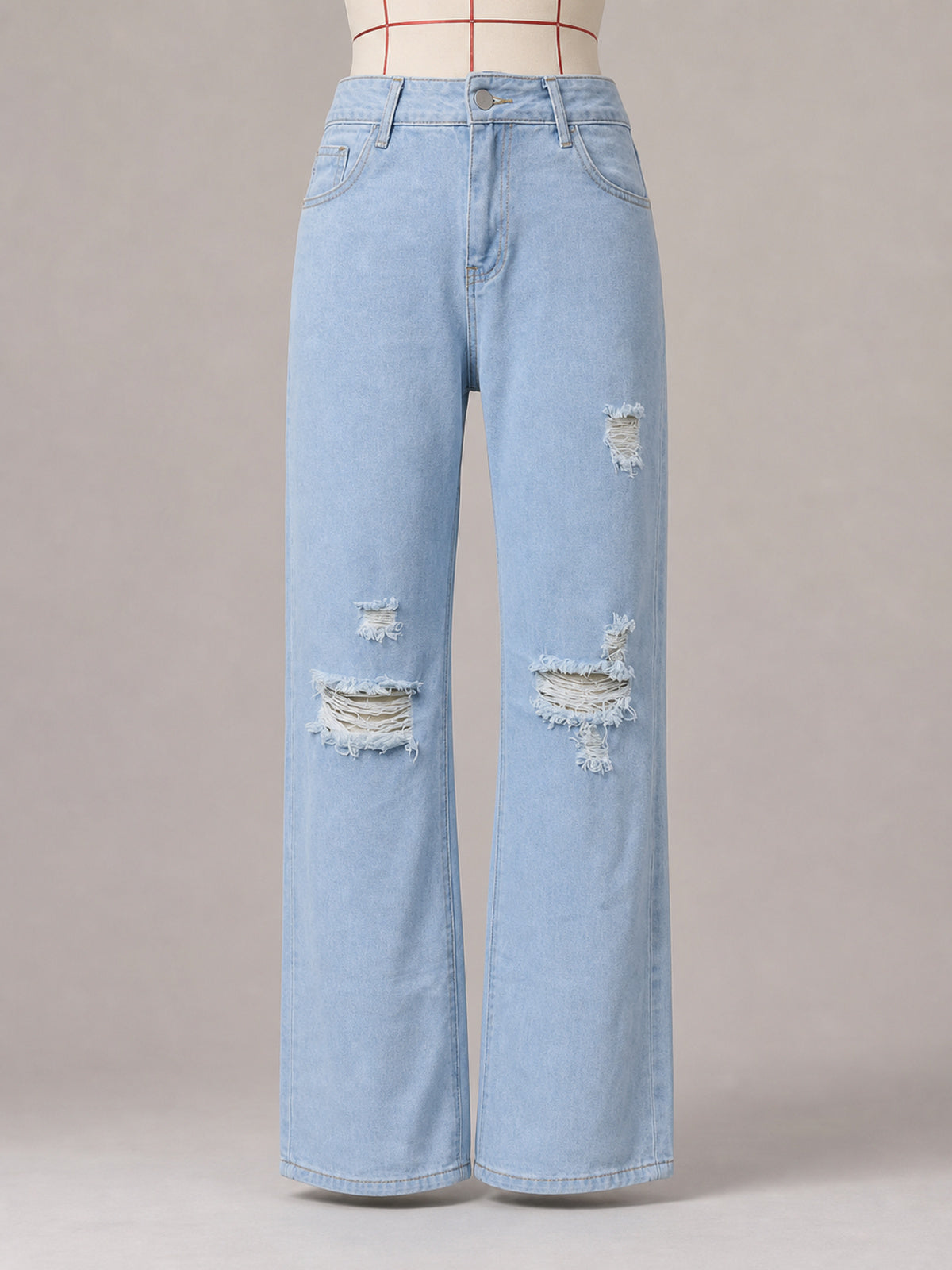 Women’s Light Wash Ripped Wide Leg Jeans Mid Waist Distressed Straight Denim Pants