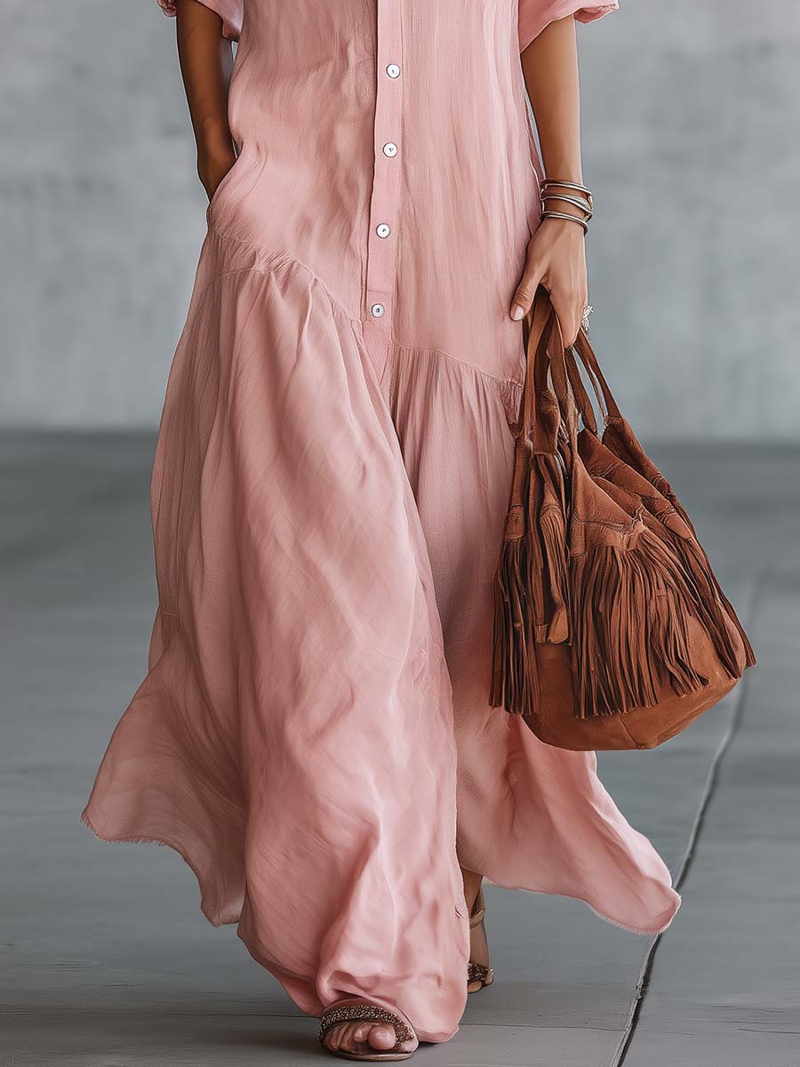Robe longue décontractée rose en coton et lin, style rétro western, col en V, boutonnée sur le devant, manches courtes