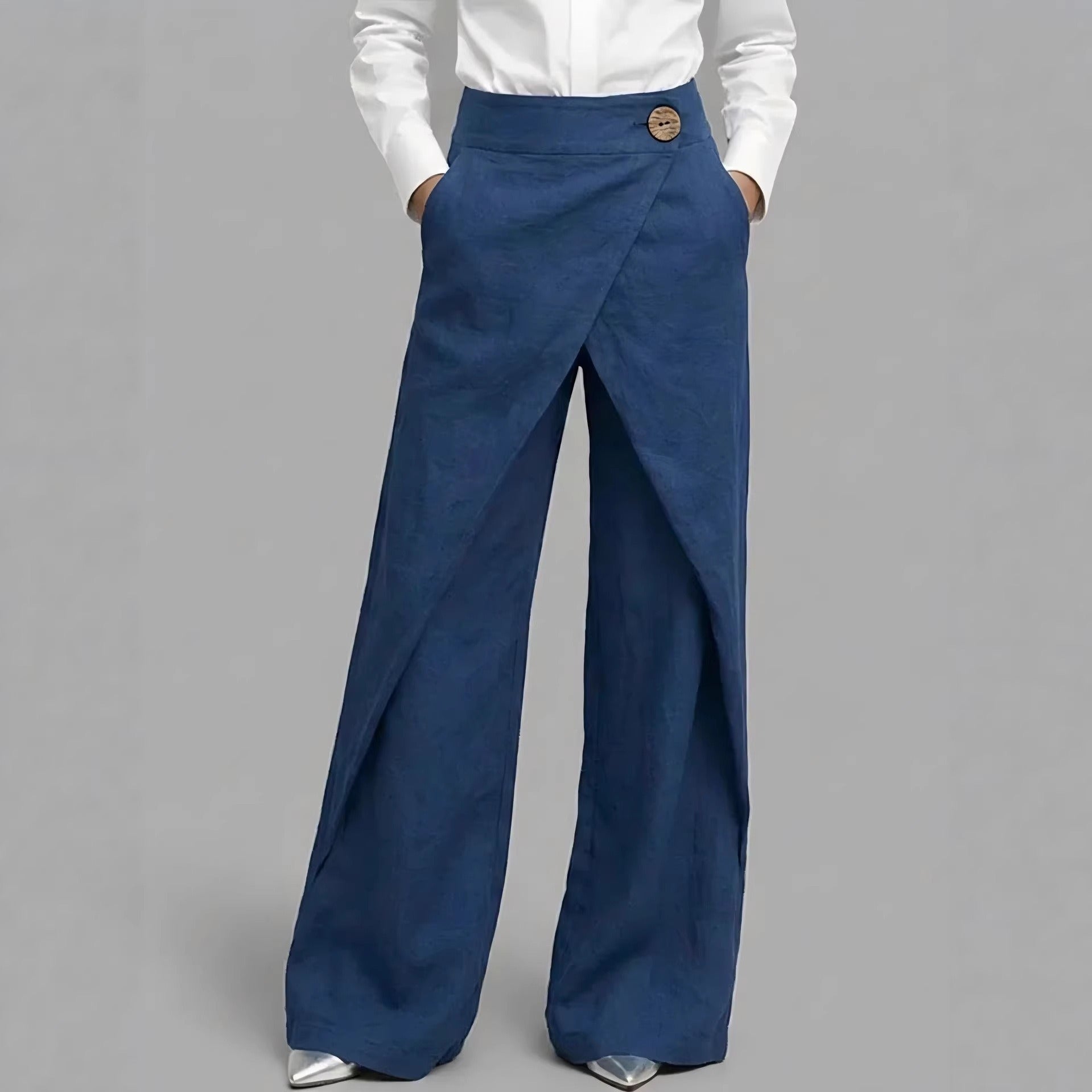High-Waisted Overlap Palazzo Pants | Breathable Linen-Cotton Wide-Leg Trousers with Button Detail