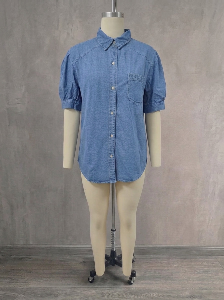 Women’s Puff Sleeve Short Sleeve Denim Button-Up Shirt with Turn-Down Collar