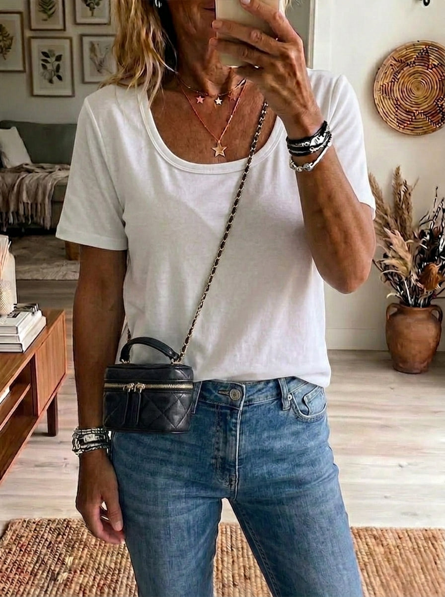 Casual Square Neck 100% Cotton T-Shirt - Relaxed Fit Slimming Short Sleeve Top Plus Size