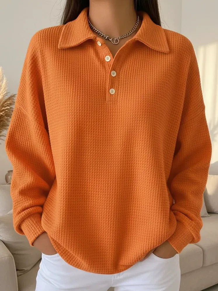 Chic Solid Color Waffle Sweater for Women - Oversized Button Front Casual Jumper