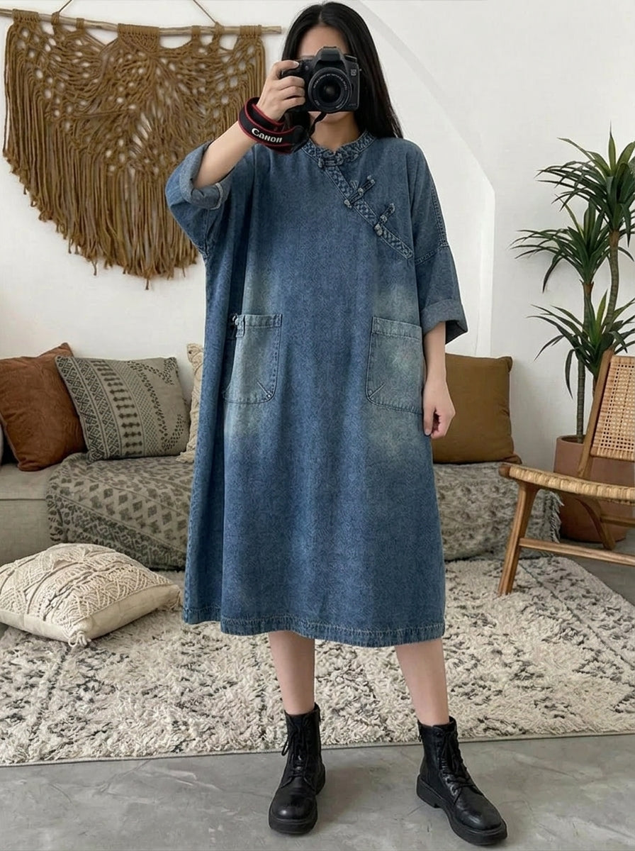 Women's Retro Denim Midi Dress | Casual Loose Fit Asymmetric Frog Button Jean Gown