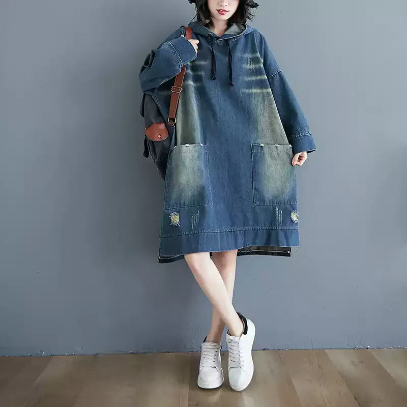 Vintage Washed Denim Hooded Sweatshirt Dress - Loose Fit Pullover Gown with Pockets