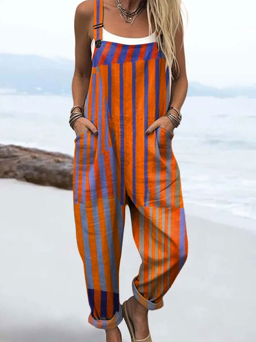 Women's Vintage Colorblock Striped Art Print Casual Cotton And Linen 3/4 Sleeve Shirt