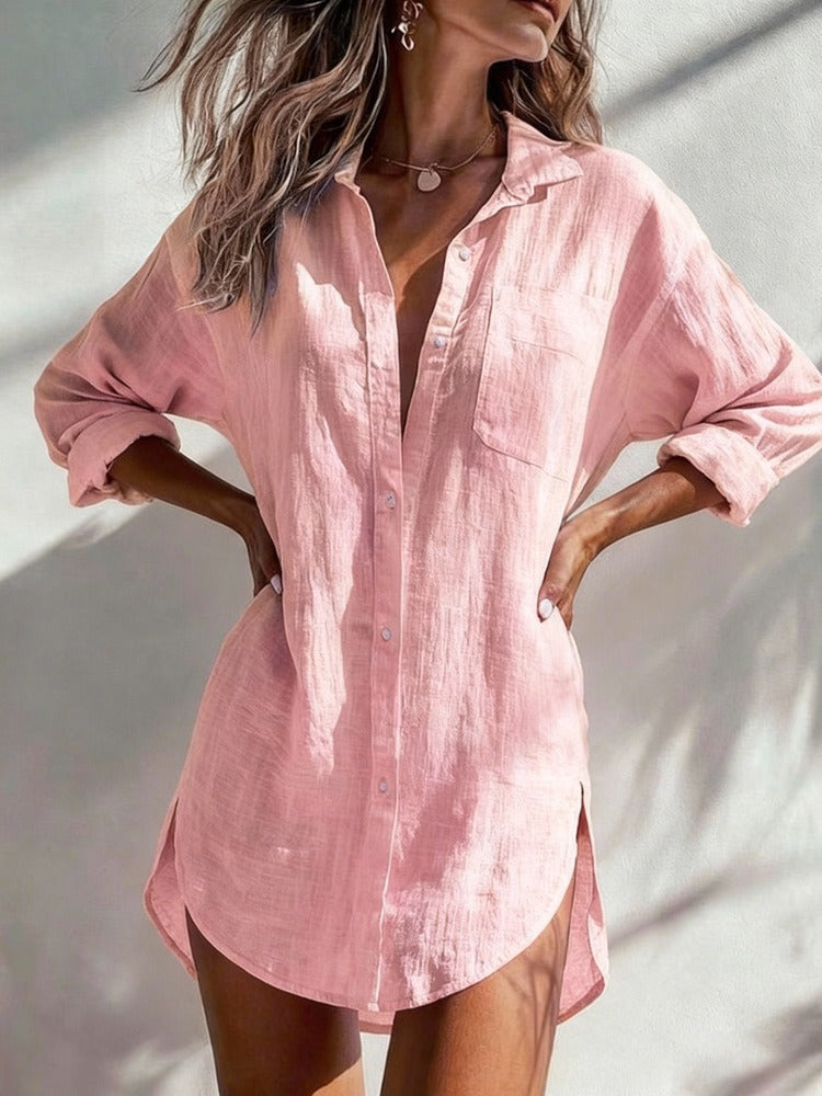 Long Sleeves Button-Down Summer Beach Cover-Up | Loose Fit Linen Cotton Tunic