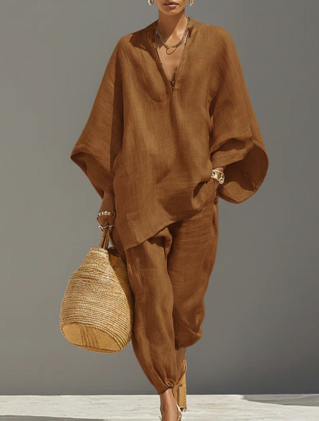 Women's Linen Two Piece Outfits – Loose Oversized V-Neck Tunic Top and Jogger Pants Set, Summer Vacation Boho Co-ord Set