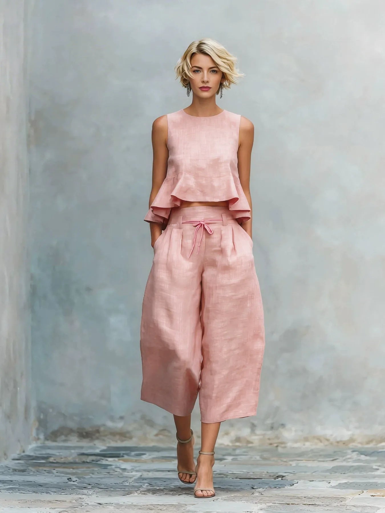 Ensemble en mélange de lin sculpté 2 pièces pour l'été | Haut sans manches à volants et jupe-culotte taille haute à jambes larges