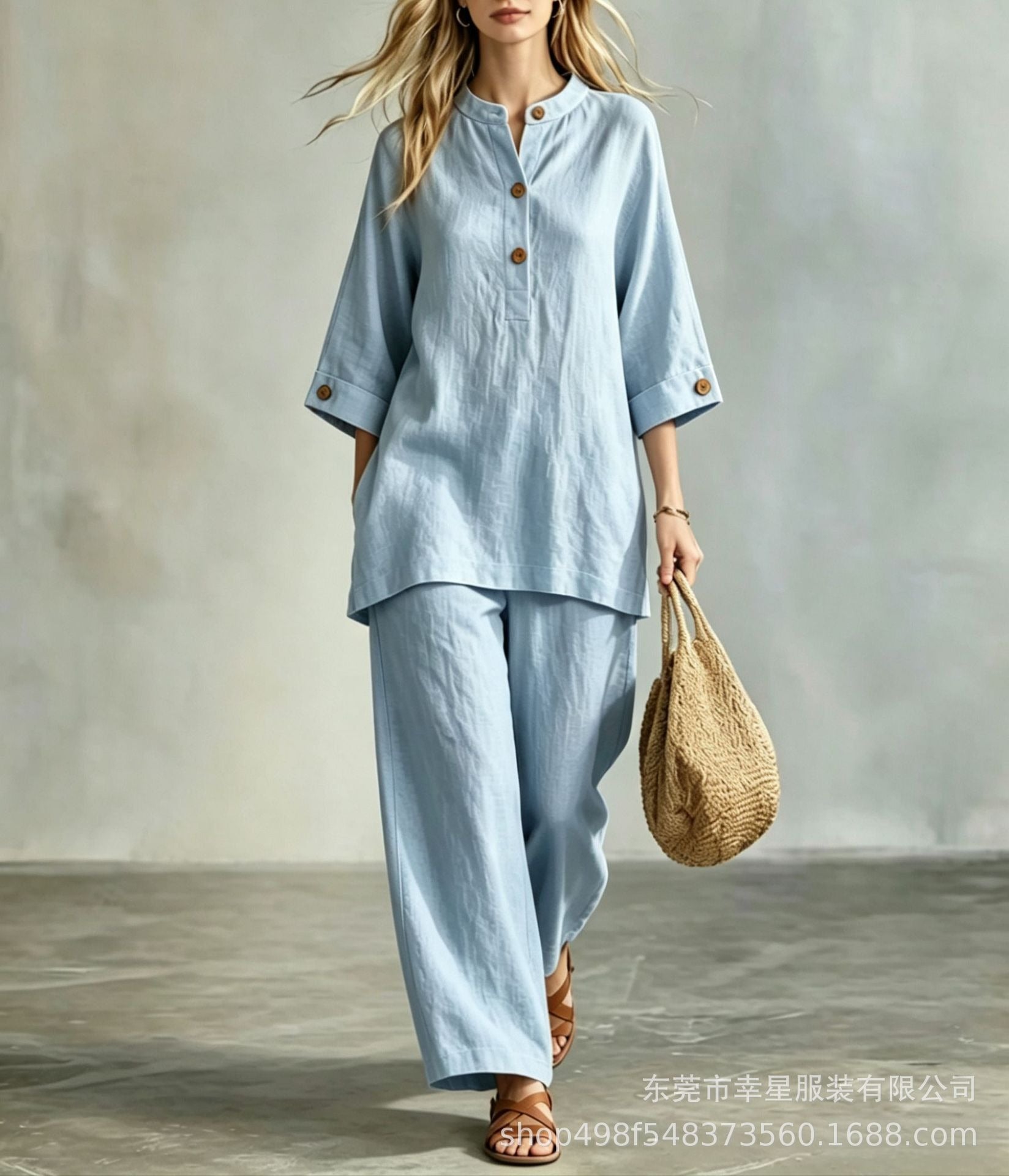 Women's Linen Look 2-Piece Lounge Set | Casual Half Sleeve Button Top & Wide Leg Pants Suit