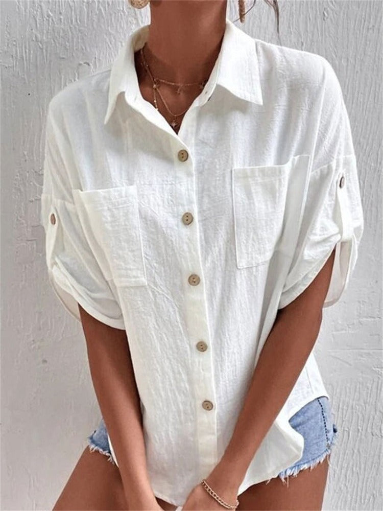 French Romance Ruffle Blouse - White V-Neck Linen-Blend Top
