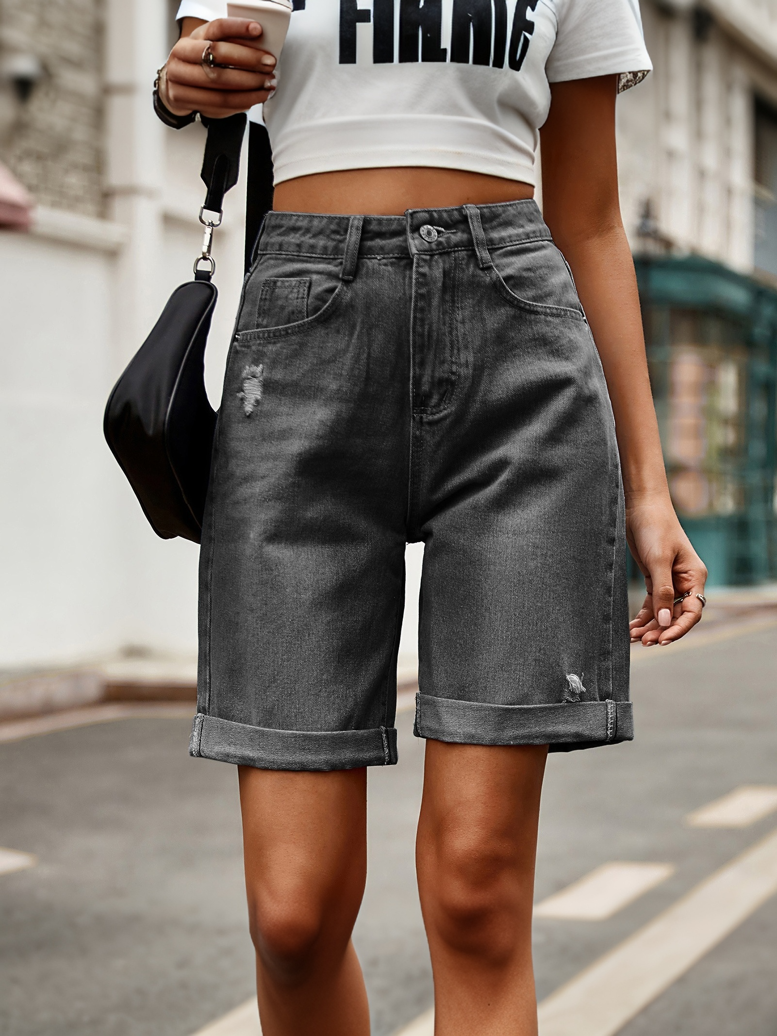 Women's Distressed Bermuda Denim Shorts | Mid-Thigh Loose Fit Washed Blue Jean Shorts with Rolled Cuffs