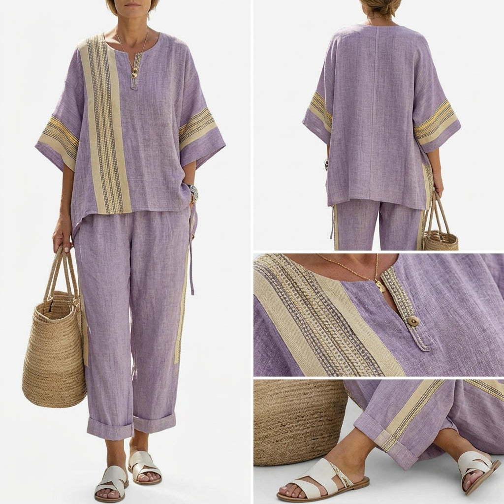 Ensemble d'été bohème violet pour femmes – Tunique oversize chic et pantalon retroussé, tenue 2 pièces décontractée pour les vacances à la plage