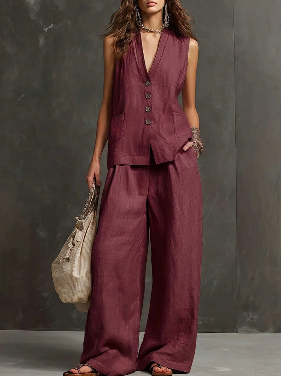 Chic Cotton Linen Blend 2-Piece Set - Sleeveless Button-Down Vest & High-Waist Wide Leg Pants Lounge Set