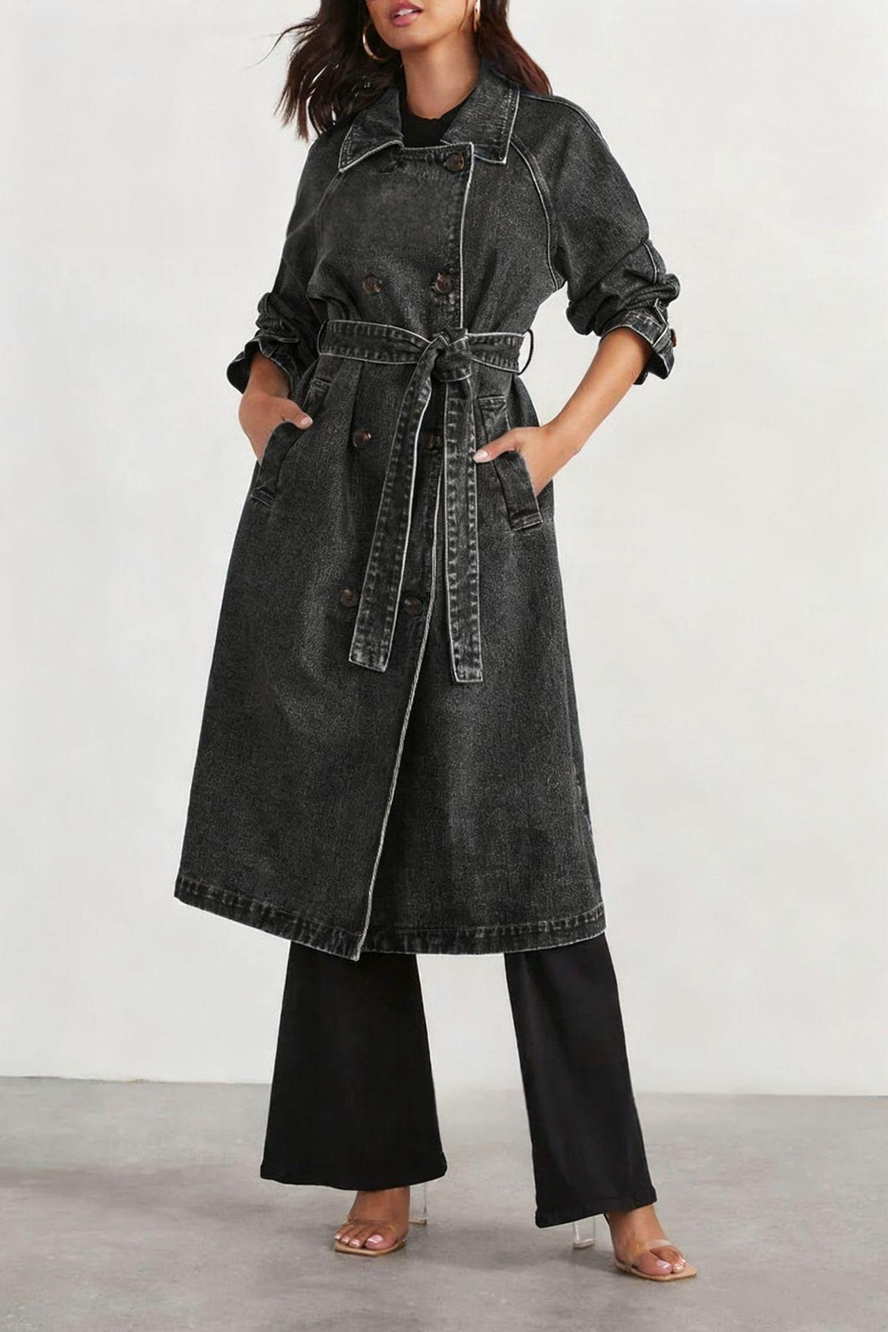Women's Long Denim Trench Coat with Belt | Loose Fit Washed Black Jean Duster Jacket Tie-Waist Outwear
