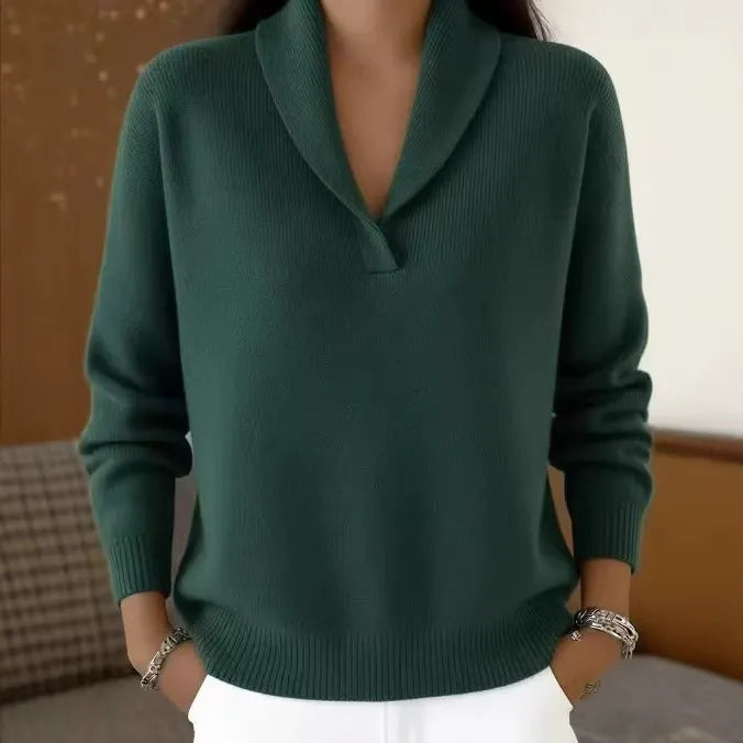 Women's Shawl Collar V-Neck Knit Sweater | Casual Solid Color Long Sleeve Pullover Top