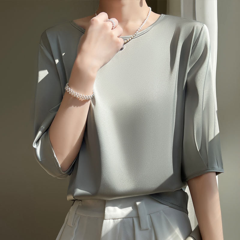 Luxury Acetate Silk-Satin Round Neck Blouse with Half Sleeves