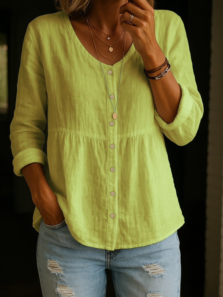 Relaxed Fit Button-Down Peplum Tunic | White Summer Linen-Blend Blouse