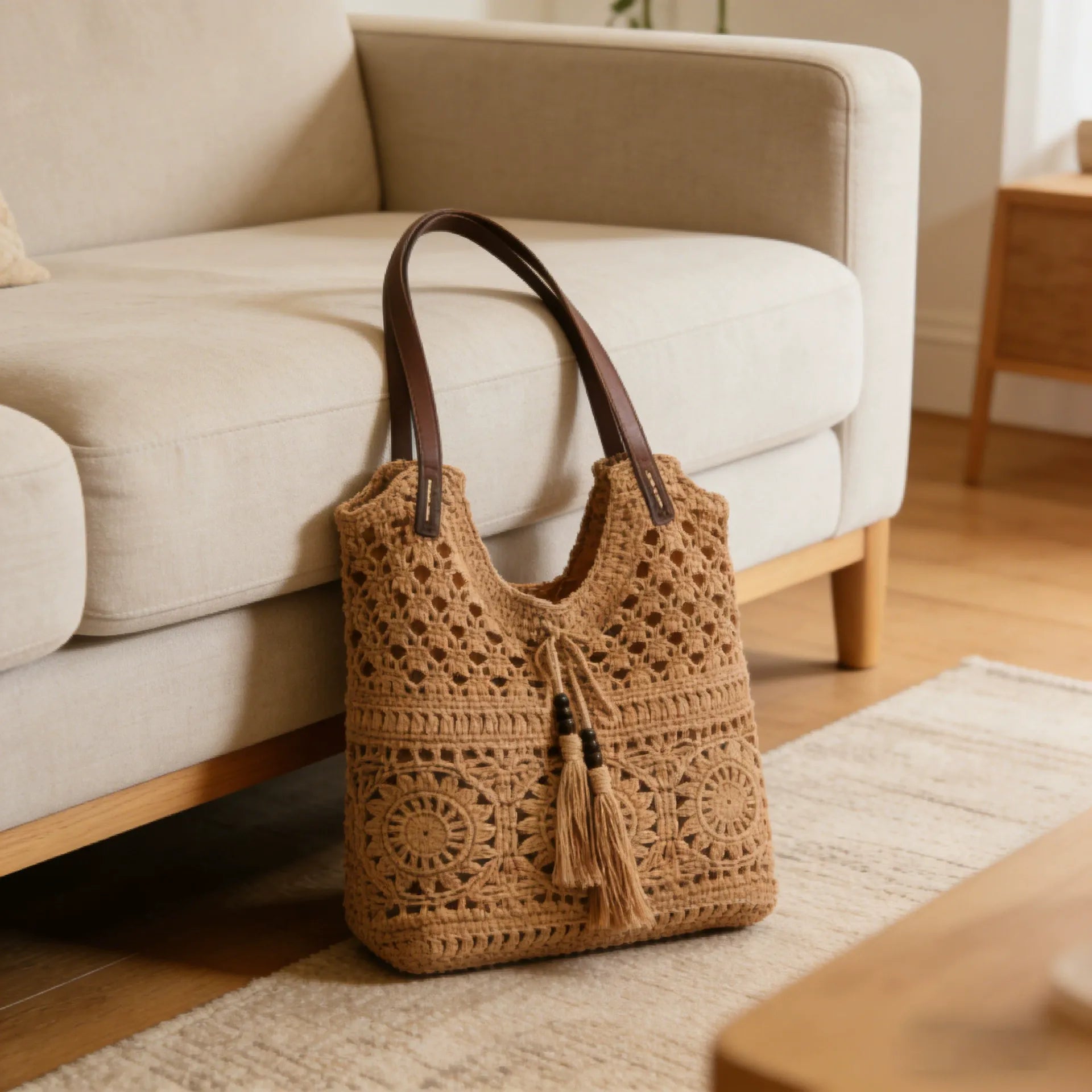 Bohemian Crochet Hollow-Out Straw Tote Bag - Handmade Mesh Shoulder Purse with Wooden Bead Tassels