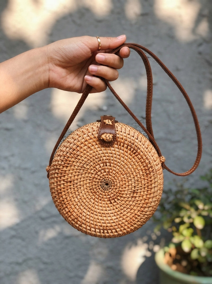 Handmade Round Rattan Crossbody Bag - Vintage Woven Straw Beach & Travel Shoulder Purse