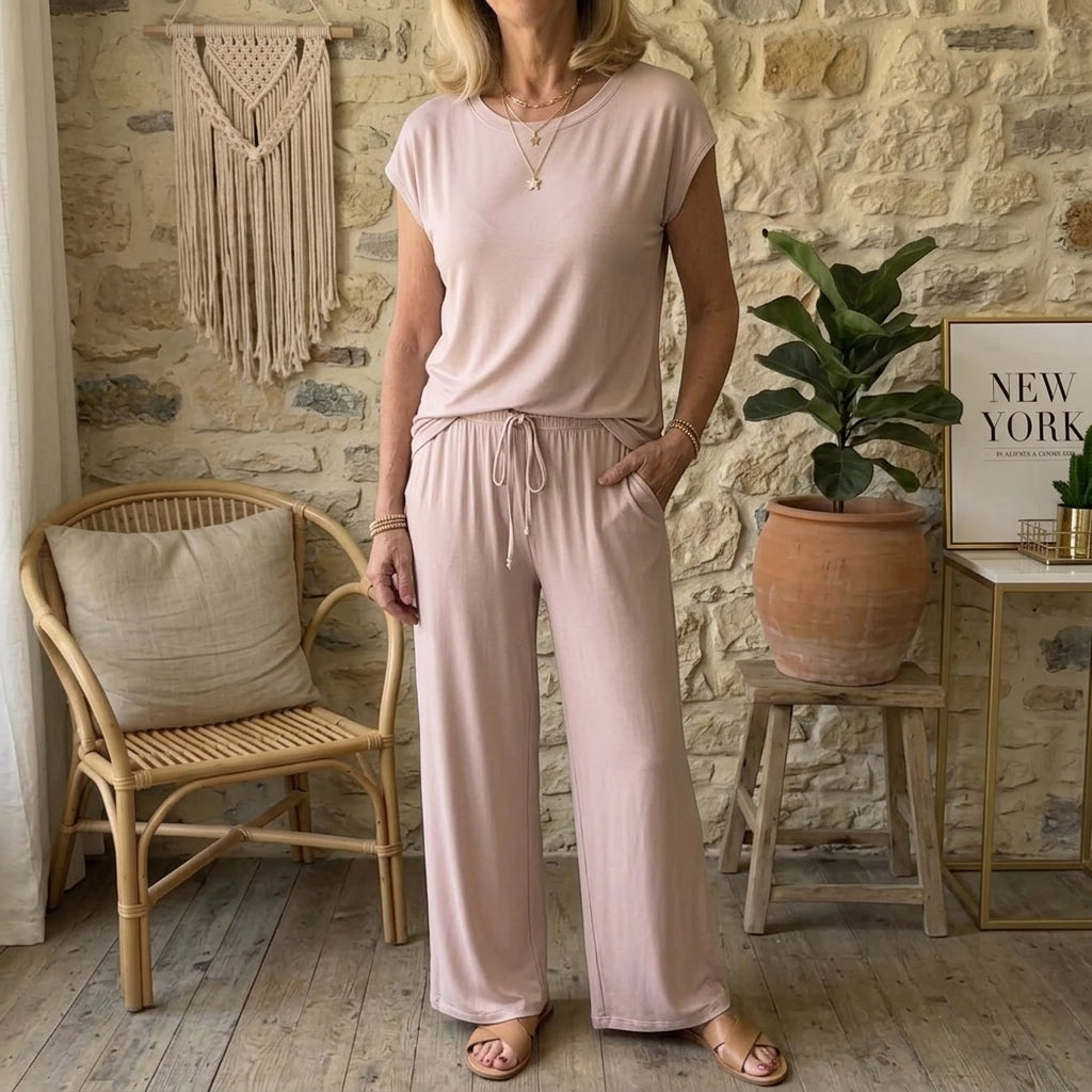 Ensemble de détente 2 pièces en modal pour femme - Tee-shirt à manches courtes et pantalon de pyjama à jambes larges