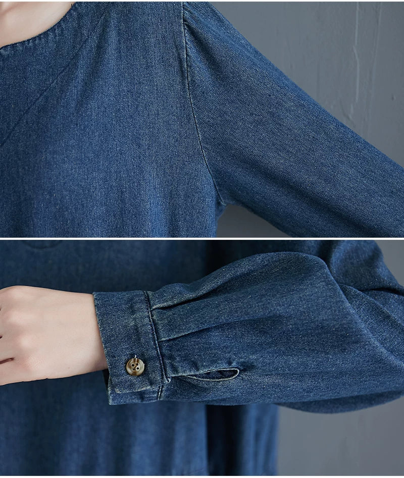 Vintage Oversized Denim Dress for Women - Cozy A-Line Long Sleeve Midi Dress