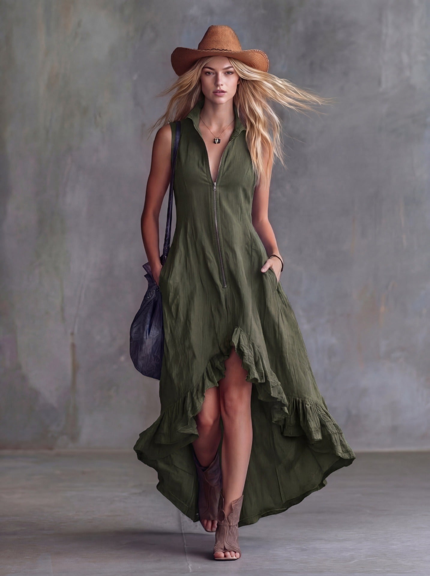 Women's High-Low Ruffle Maxi Dress - Zipper Front Collared Sleeveless Dress