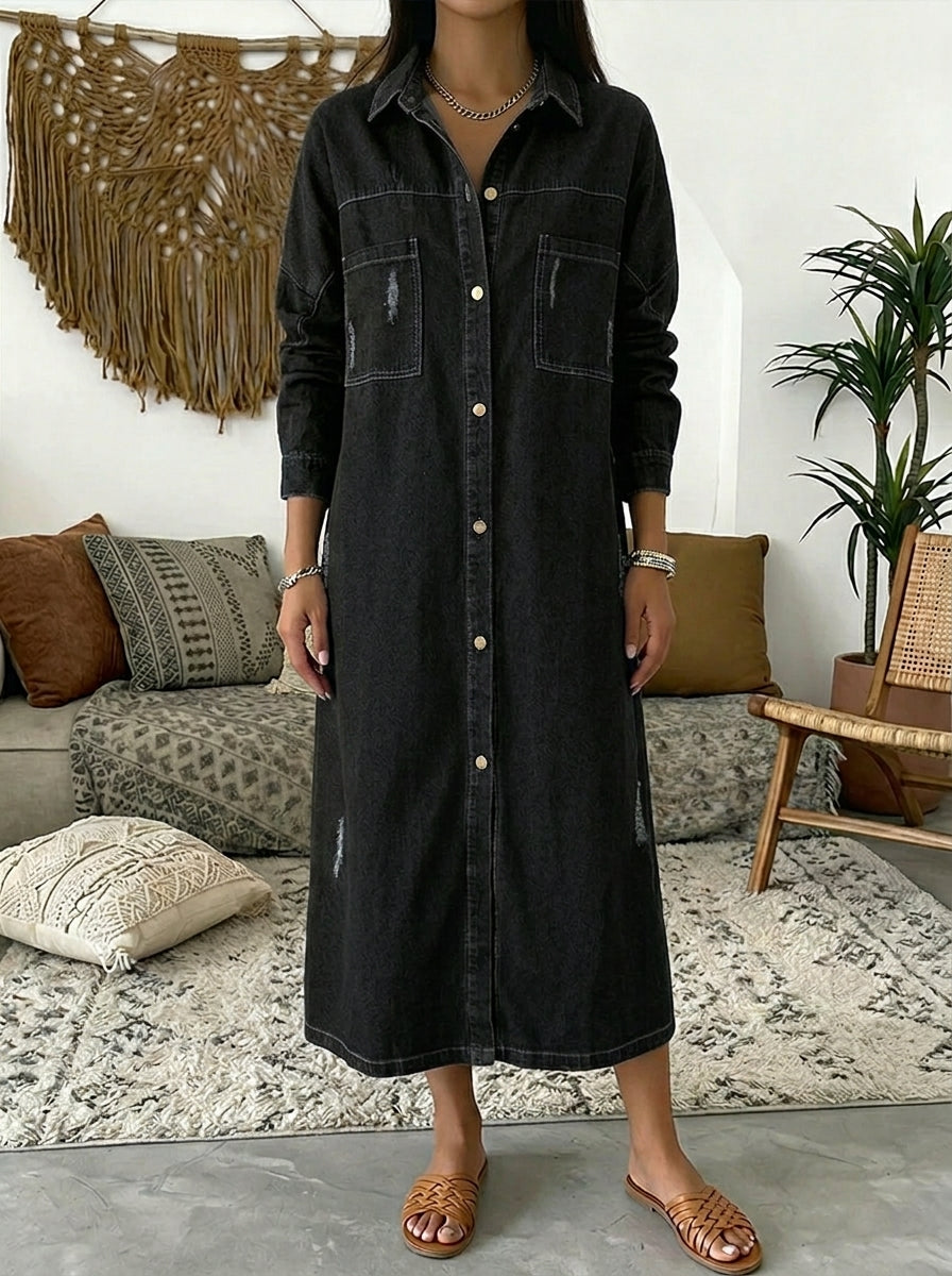 Women's Long Sleeve Denim Shirt Dress | Casual Distressed Button-Down Jean Maxi Gown