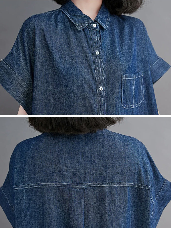 Vintage Oversized Denim Dress for Women - Lightweight Button-Down Polo Neck Dress