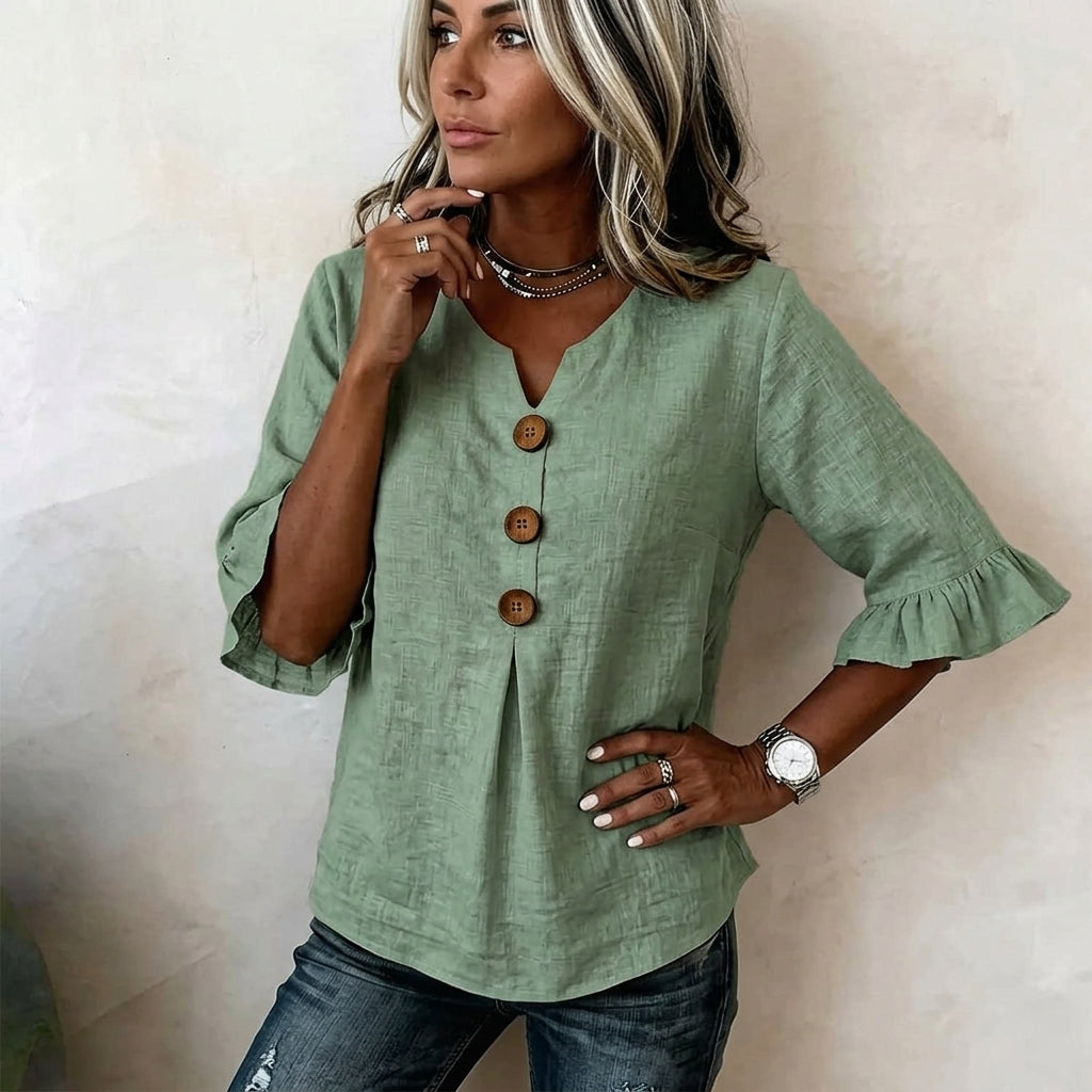 Casual 3/4 Sleeve Cotton Linen Shirt | Boho V-Neck Tunic with Wood Buttons