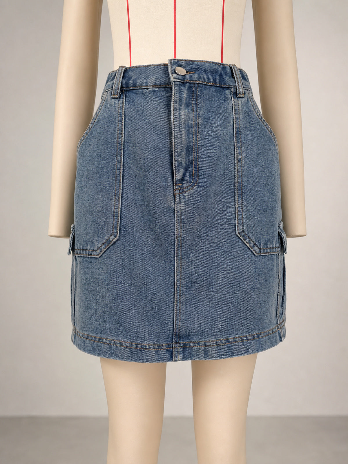Women’s Washed Denim Cargo Mini Skirt Elastic Waist Utility Pocket Streetwear Short Skirt