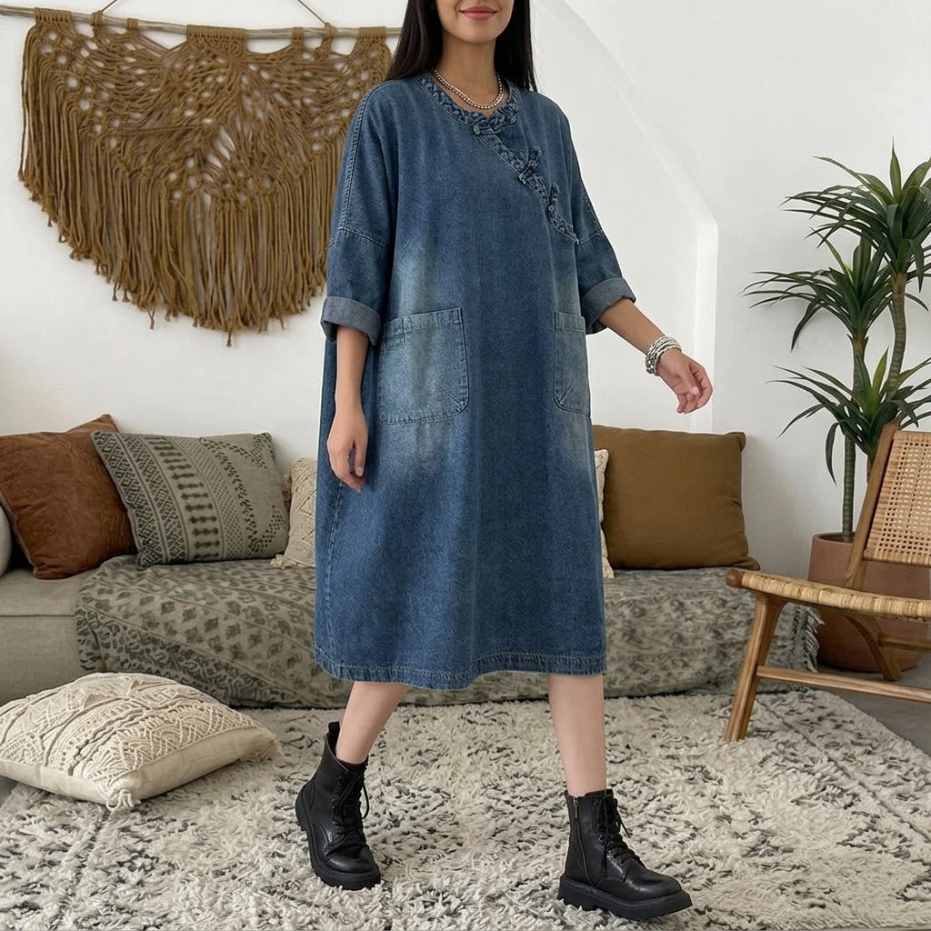 Women's Retro Denim Midi Dress | Casual Loose Fit Asymmetric Frog Button Jean Gown