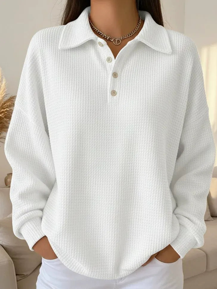 Chic Solid Color Waffle Sweater for Women - Oversized Button Front Casual Jumper