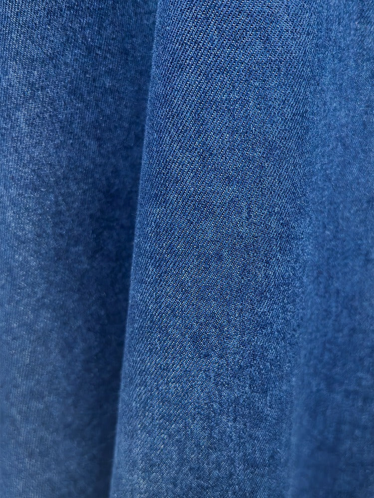 Vintage French Style Denim Midi Dress for Women - Elegant Tie Waist Jean Dress with Pockets