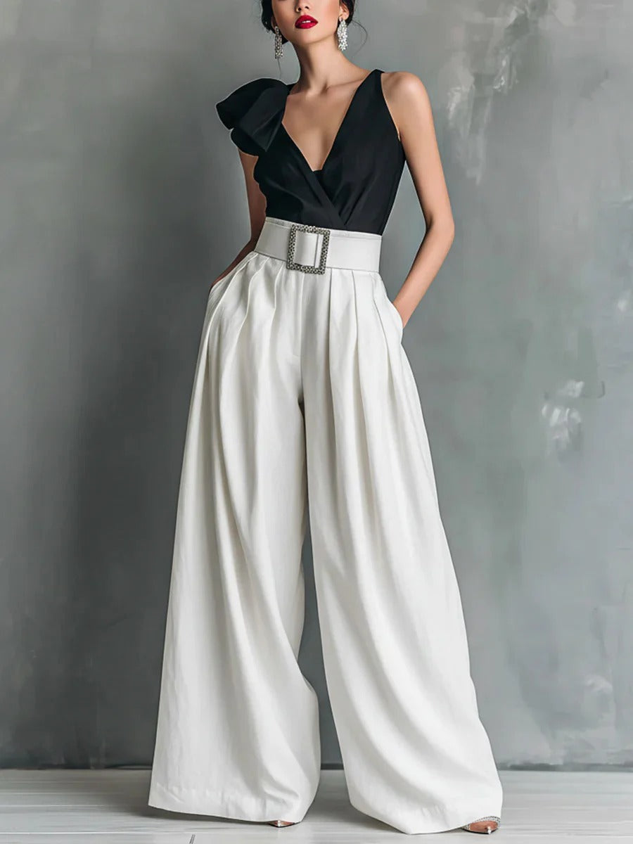 Women's High Waisted Wide Leg Pants - Elegant Pleated Flowy Palazzo Trousers