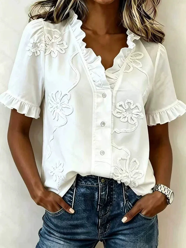 Vintage Embroidered Ruffle Neck Slub Cotton Blouse
