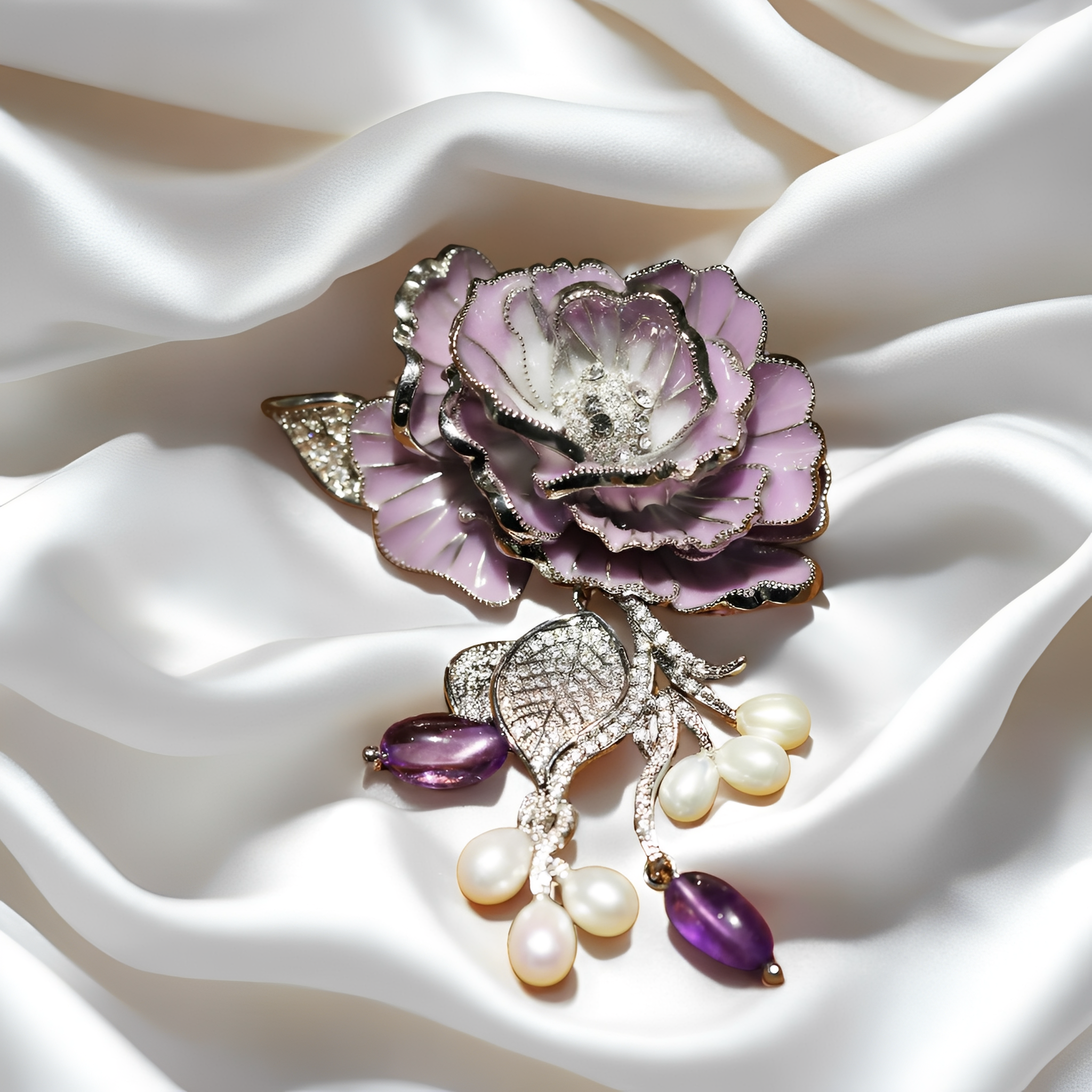vintage purple rose brooch pendant with natural pearl and amethyst pin best women gift