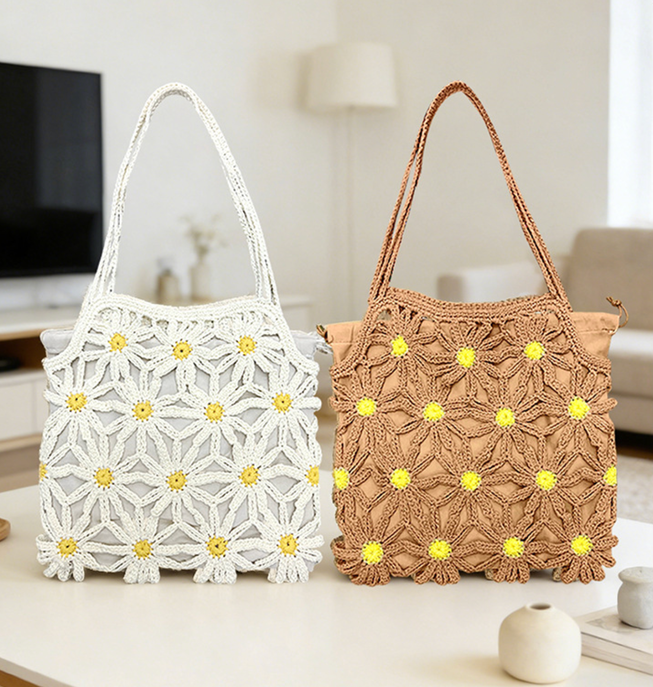 Bohemian Daisy Crochet Tote Bag - Handmade Hollow-Out Floral Knit Beach Shoulder Purse with Inner Pouch