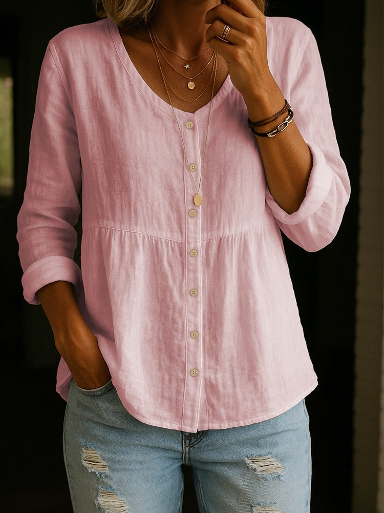 Relaxed Fit Button-Down Peplum Tunic | White Summer Linen-Blend Blouse