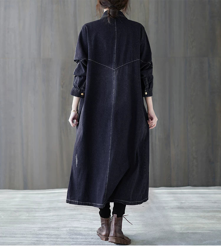 Women's Long Sleeve Denim Shirt Dress | Casual Distressed Button-Down Jean Maxi Gown