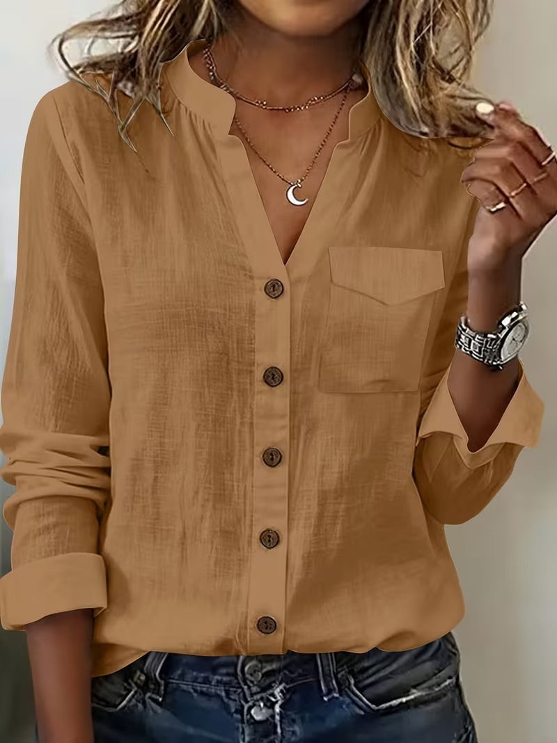 Intellectual Slub Tunic Shirt - White Mandarin V-Neck Blouse