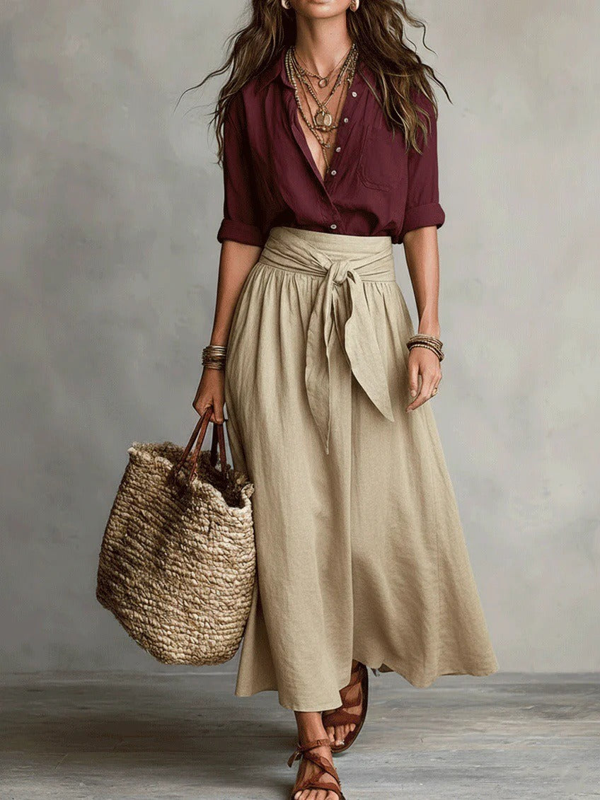 Elegant Colorblock 2-Piece Resort Set - Button-Down Shirt & High-Waist Tie-Wrap Maxi Skirt Set