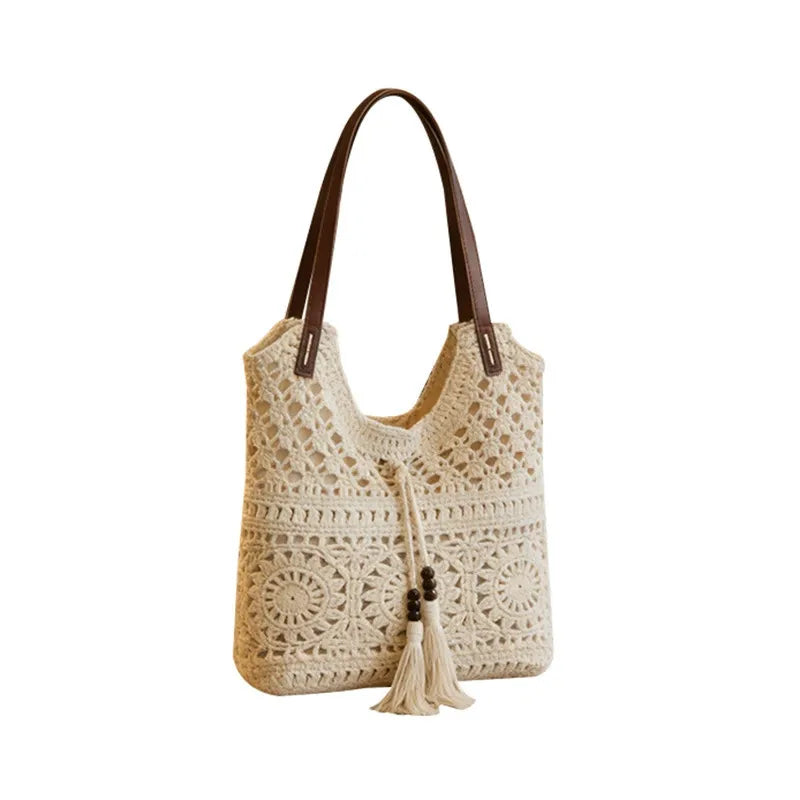 Bohemian Crochet Hollow-Out Straw Tote Bag - Handmade Mesh Shoulder Purse with Wooden Bead Tassels