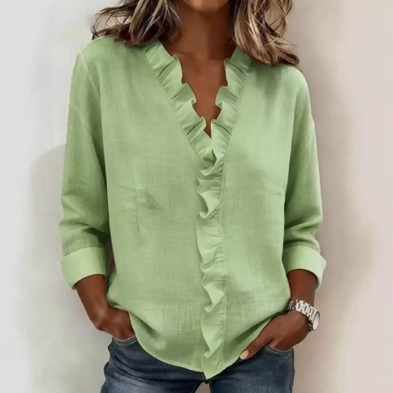 Cascading Ruffle Front Long Sleeve Shirt | Breathable Slub Cotton-Linen Blouse